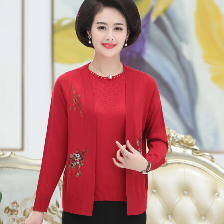 莉夏乐 2019秋季新品女装针织衫两件套洋气开衫薄外套绣花针织衫长袖上衣 MMBD5807 红色 XL