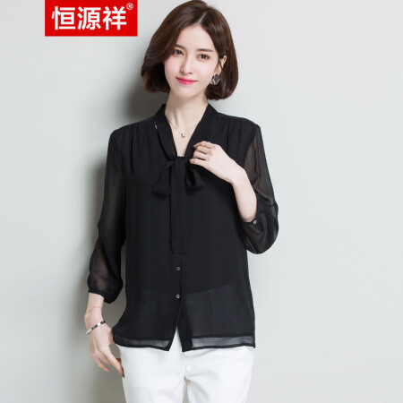 恒源祥100%真丝衬衫女春森女系时尚黑色桑蚕丝长袖衬衣系带领上衣 黑色 165/88A/L