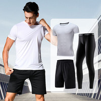 范迪慕 运动套装男健身训练速干运动服秋短袖T恤吸汗透气宽松跑步服 NZ9008-白色-短袖三件套-M