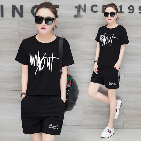 AUDDE 翱笛 T恤女休闲运动服套装女学生韩版宽松短袖短裤两件套潮 zx1BF20-275 黑色 XL