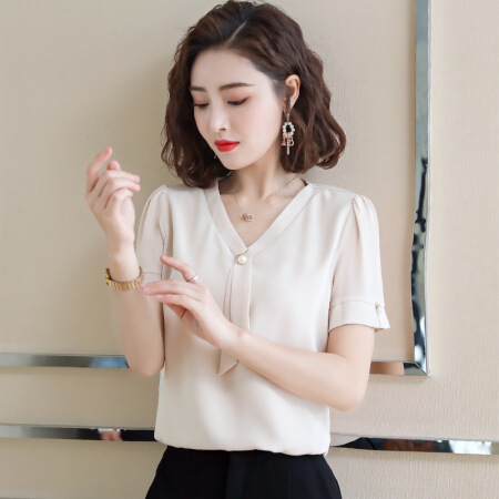 欧偲麦 雪纺衫女新品上衣2019夏新品女装短袖女装夏季衬衫女士衬衣显瘦宽松V领 SZWY-19A3750 杏色 XL