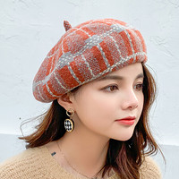 北诺（BETONORAY）帽子女秋冬时尚千鸟格女士贝雷帽复古英伦羊毛蓓蕾帽 橘色