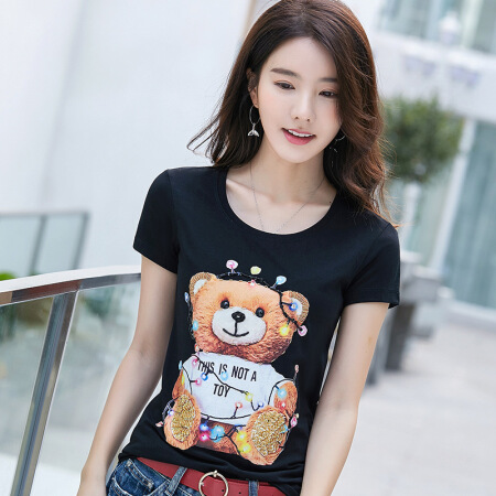 维迩旎 2019春夏季新款女装新品卡通印花手工短袖女T恤修身百搭时尚 cchLF3202 黑色 XXXXL