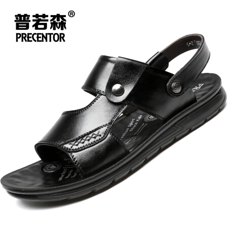 普若森（Precentor）男士头层牛皮两穿舒适凉拖户外运动套脚透气沙滩鞋 L006 黑色 40