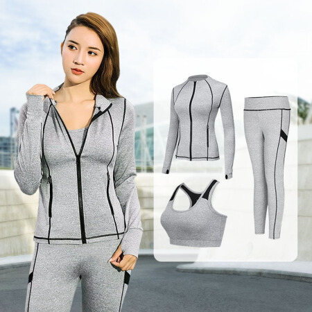 潮流假期 瑜伽服套装女夏季新款显瘦跑步运动健身服修身套装瑜伽服女 FB01-灰色-背心+长裤+外套三件套-M
