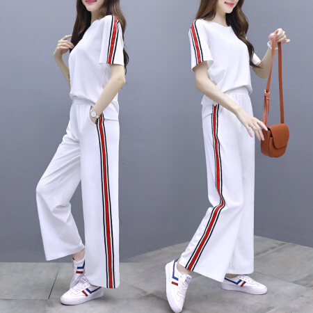 瑜珏（YuJue）休闲运动套装女 2019夏季新款韩版宽松显瘦阔腿裤运动服两件套 DYGF820 白色 L