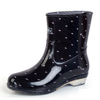回力 Warrior 雨鞋女款中筒防水套脚劳保橡胶雨靴 HXL523 粉点黑 37