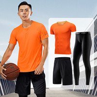 范迪慕 运动套装男健身训练速干运动服夏季薄款短袖T恤吸汗透气宽松跑步服 NZ9008-橙色-短袖三件套-M