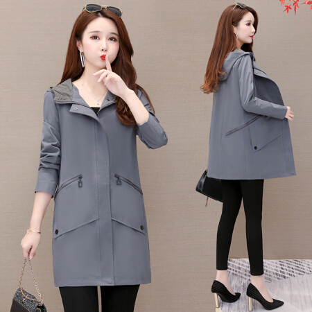 莉夏乐 2019秋季新品女装风衣女中长款韩版连帽休闲薄款透气小个子大码外套 KKYDYJT9903 蓝色 5XL