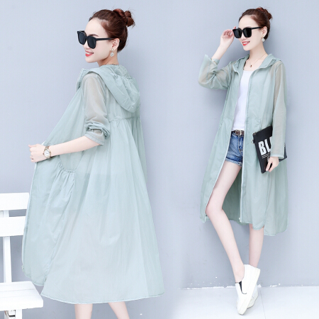 堡晟 2019夏季新款女装新品风衣欧洲站透气防晒衣中长款宽松大码薄款外套 zx1AF11-777 豆绿 XL
