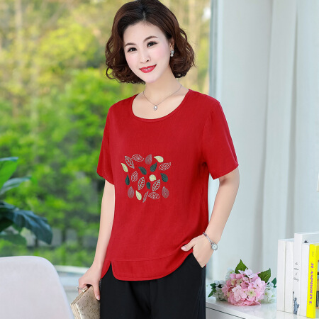 维迩旎 2019夏季新款女装新品中老年女装休闲大码棉麻两件套妈妈装宽松T恤套装 MMJL13 酒红色 4XL