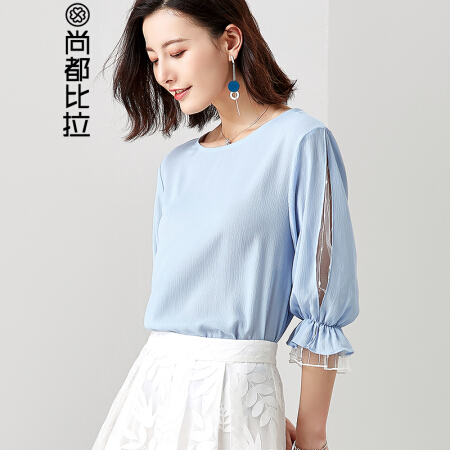 尚都比拉纯色五分袖雪纺衬衫女2019女装新品圆领百搭衬衣192V0219937 浅蓝色 L