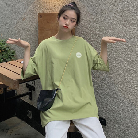 曼如芬 圆领宽松休闲T恤 夏季新款韩版中长款字母印花短袖上衣潮 HYZF12610 绿色 XL
