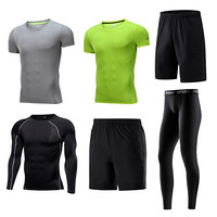 潮流假期 运动套装男健身服男跑步运动短袖速干透气短袖套装六件套 NZ9008-灰+荧光绿-短袖长袖六件套-XL