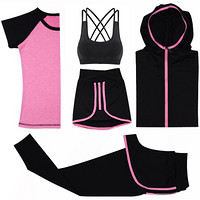 范迪慕 运动套装女 瑜伽健身服健身房修身速干透气显瘦跑步服  FDM1802H-黑拼粉红色-外套五件套-XL