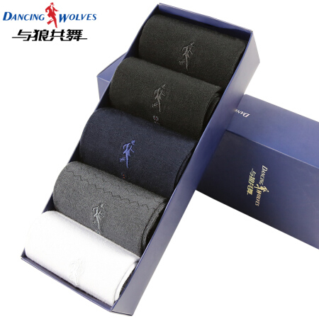 与狼共舞（DANCING WOLVES）袜子男 纯棉中筒袜透气吸汗棉袜商务休闲款棉袜 混色5双装 均码