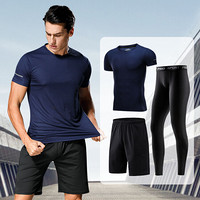 范迪慕 运动套装男健身训练速干运动服夏季薄款短袖T恤吸汗透气宽松跑步服 NZ9008-深蓝色-短袖三件套-4XL