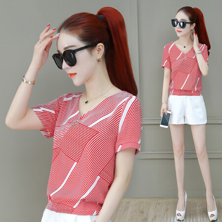 AUDDE 翱笛 T恤女条纹v领雪纺衫女短袖韩版新款百搭修身上衣小衫 GZZ1983 红色 M