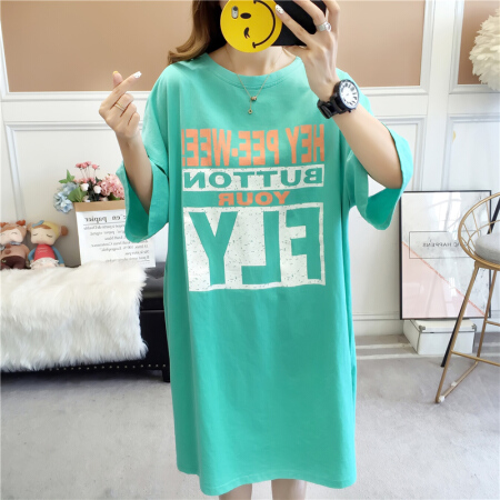 曼如芬 字母印花T恤裙 2019夏季新款韩版INS超火网红同款中长款短袖T恤女 HYZF7764 绿色 M