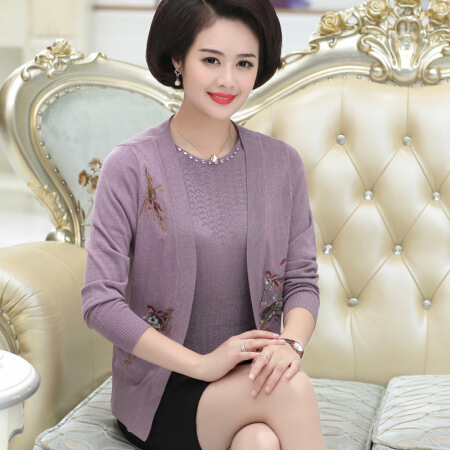 莉夏乐 2019秋季新品女装针织衫两件套洋气开衫薄外套绣花针织衫长袖上衣 MMBD5807 紫色 4XL