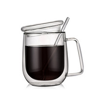 焙印 带杯盖双层咖啡杯透明玻璃杯男女办公水杯带小勺