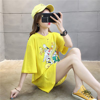 HMDIME 学院风中长款上衣 夏季新款韩版动漫印花T恤潮 WZJH606 黄色 L