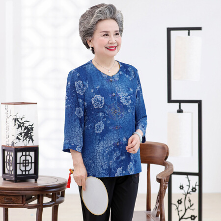 AUDDE 2019夏季新款女装新品印花衬衫女奶奶装老年人女装大码衣服妈妈装七分袖上衣 MMJL3253 蓝色 4XL