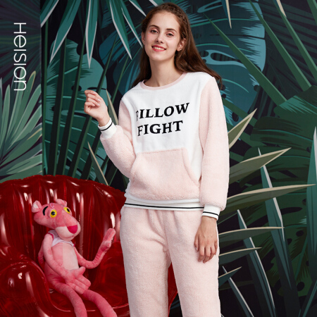 海之宁 珊瑚绒睡衣女韩版学生可爱冬天套装加厚加绒法兰绒睡衣家居服可外穿 H81DWJT047粉色卫衣口袋 M码