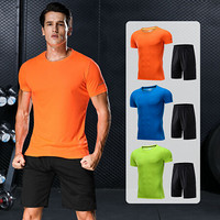 范迪慕 运动套装男健身训练速干运动服夏季薄款短袖T恤吸汗透气宽松跑步服 NZ9008-橙色-短袖两件套-3XL