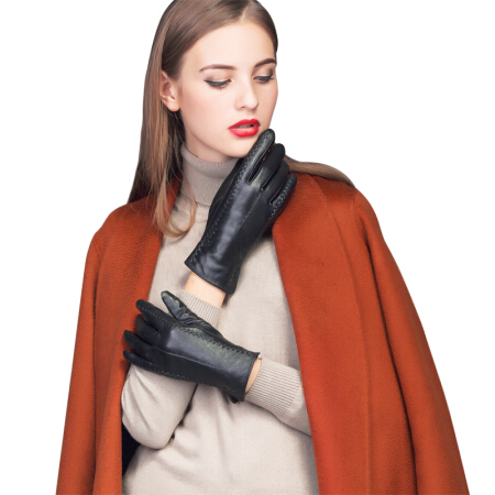 百尚意特 女士皮手套 秋冬季加绒加厚保暖可爱时尚薄款 开车皮手套  WZ028 黑色 L