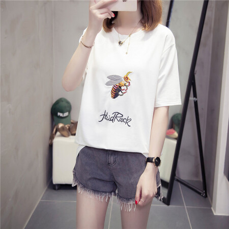 YuJue 瑜珏 加肥加大大码短袖T恤女 夏季新款韩版刺绣时尚宽松休闲半袖上衣 ZLNF1024 白色 XL