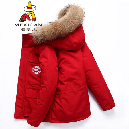 稻草人（MEXICAN）加拿大风羽绒服男冬季短款大鹅工装服大毛领加厚保暖外套 红色 L