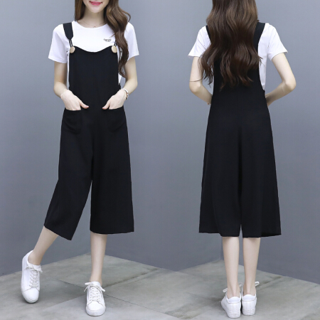 瑜珏（YuJue）雪纺背带裤套装 2019夏季新款韩版时尚洋气气质小个子搭配两件套装 DYGF822 黑色 XL
