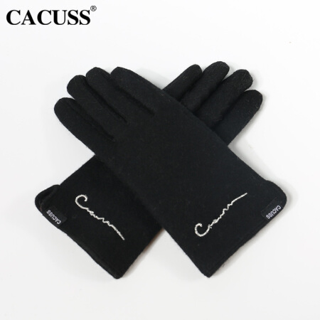 CACUSS S0087男士手套秋冬保暖羊毛手套可触屏加绒骑行防风手套 黑色