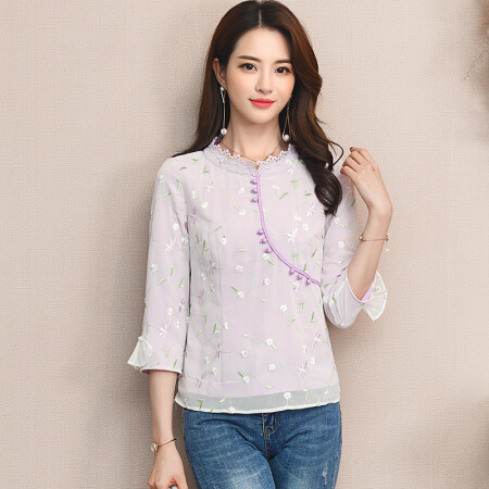 一塘晨年秋装新款女装蕾丝圆领修身绣花套头短款七分袖雪纺衫 S81R0367SA6M  紫色 M