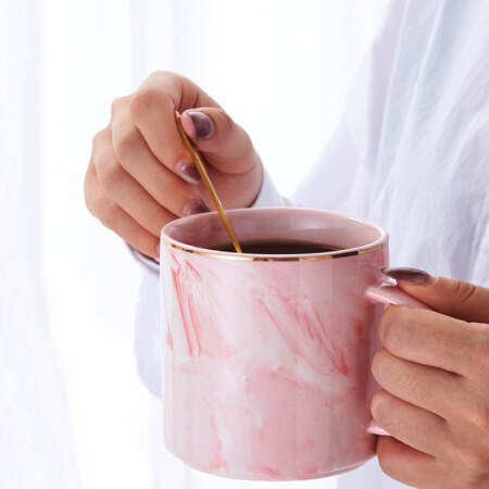 柯锐迩 大理石纹陶瓷水杯马克杯  创意牛奶杯圆形咖啡杯杯 男女士早餐麦片杯学生办公喝水杯粉色