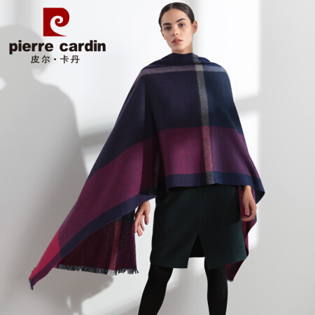 皮尔卡丹 羊毛女士围巾披肩两用 秋冬季加厚保暖披肩女休闲百搭女士围脖京配礼盒装 D21TM5325 玫红蓝格