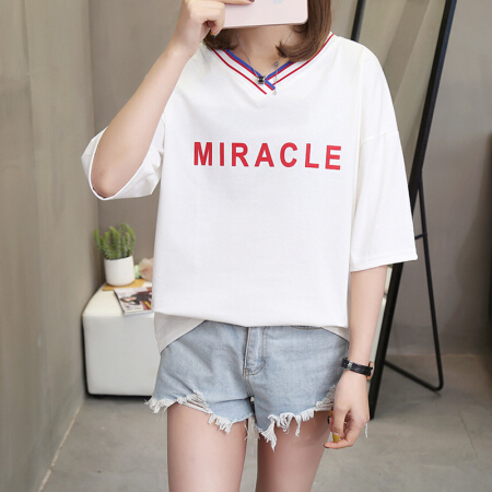 LAXJOY 朗悦  夏季新款字母印花短袖T恤女装V领纯色韩版宽松上衣 LWTD193181-1941 白色 L