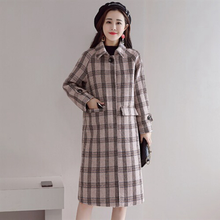 沫欣 2019冬季新品女装格子时尚潮流简约百搭口袋长袖毛呢外套 yzSMX8922MX 粉格 M