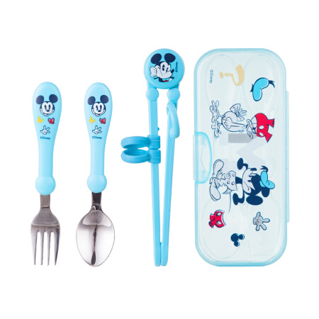 Disney 迪士尼 儿童餐具套装宝宝训练学习筷子不锈钢便携叉勺四件套 蓝色米奇