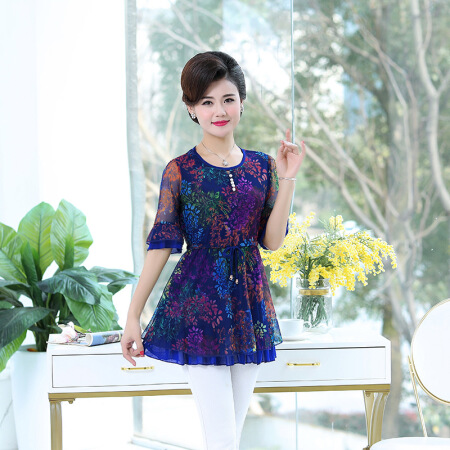 维迩旎 2019夏季新款女装新品T恤中老年大码短袖蕾丝小衫妈妈装修身碎花上衣 MMJL779 一号色 XXXL