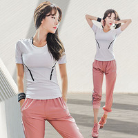 潮流假期 瑜伽服女套装夏季新款修身性感显瘦健身运动休闲女套装 FX01-白T恤+粉长裤两件套-XL