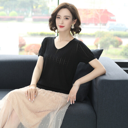 堡晟 2019夏新品女装新款针织衫韩版休闲薄款短袖体恤圆领镂空女士套头上衣 CCHFYYYM5762 黑色 S