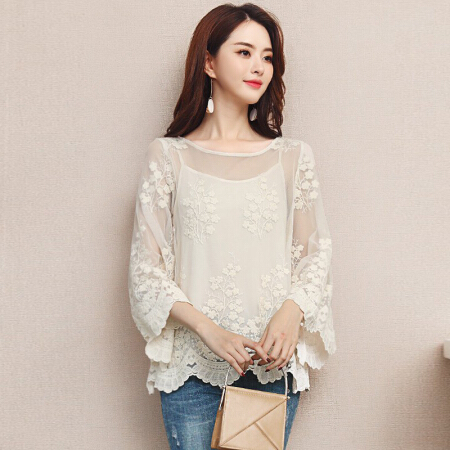 一塘晨秋装新款女圆领宽松刺绣喇叭袖简约套头雪纺衫 S81R0803SA111M  米白色 M