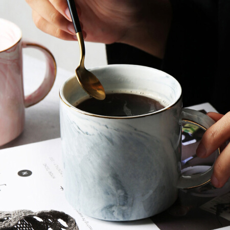 柯锐迩 大理石纹陶瓷水杯马克杯  学生办公创意牛奶杯咖啡杯 大容量早餐麦片杯简约水杯黑色
