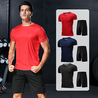 范迪慕 运动套装男健身训练速干运动服夏季薄款短袖T恤吸汗透气宽松跑步服 NZ9008-红色-短袖两件套-M