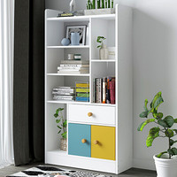 朗程书柜书架 置物架文件柜储物收纳柜子 暖白+（蓝色+黄色柜门）+暖白抽面