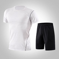 潮流假期 运动套装男健身服短裤篮球服训练跑步速干透气短袖T恤套装 NZ9001-白色-短袖两件套-XXL