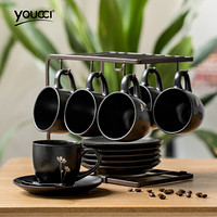 悠瓷（youcci）格调系列 陶瓷咖啡杯子套装 创意陶瓷咖啡杯碟套具 六杯六碟六勺子 带不锈钢杯架
