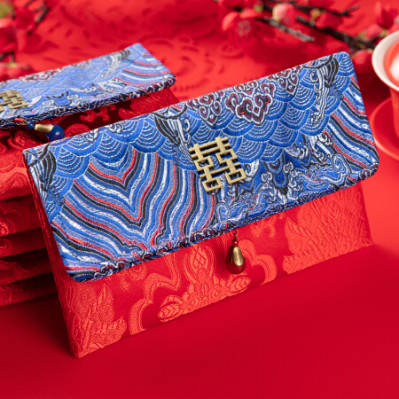 唐绣（TONSILK）结婚庆万元布艺创意红包袋新年春节利是封个性压岁红包封C019-4波浪蓝